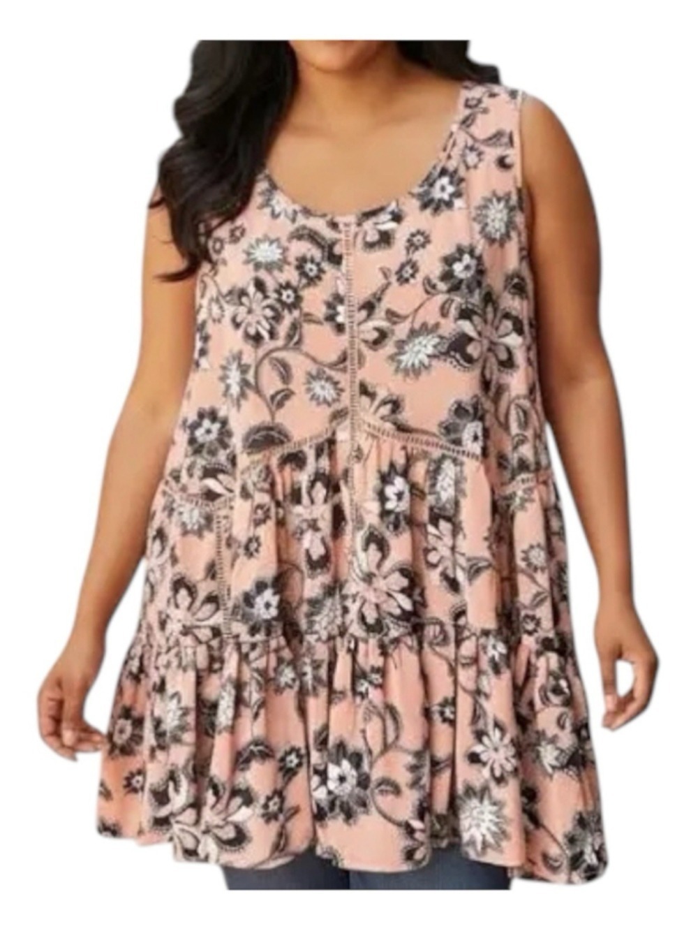 Torrid Pink Floral Tiered Babydoll Tank Top Crochet Trim Sleeveless Side Lace-Up
